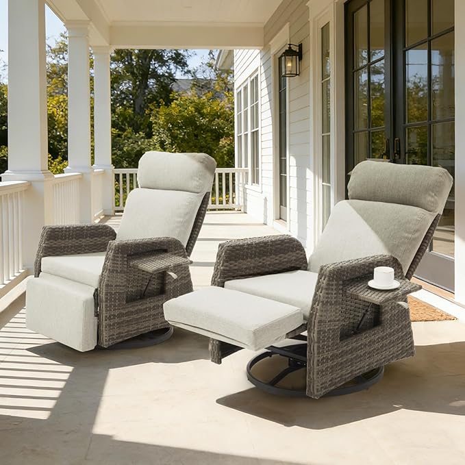 Adjustable Outdoor Recliner Chair with Independent Backrest & Footrest, Patio Swivel Recliner Chair, Wicker Reclining Patio Chair w/Flip-Up Table, 155° Lay Flat Chaise Lounge, Gray, 2PCS