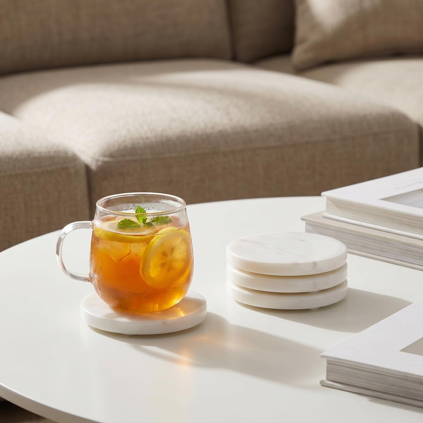 Marble Coasters Set of 4, 4-inch Round Natural Stone Drink Coasters with Non-Slip Backing, Heat Resistant Coaster for Coffee Bar Home Kitchen Decor, Ideal Housewarming Wedding Gifts(Arabescato)
