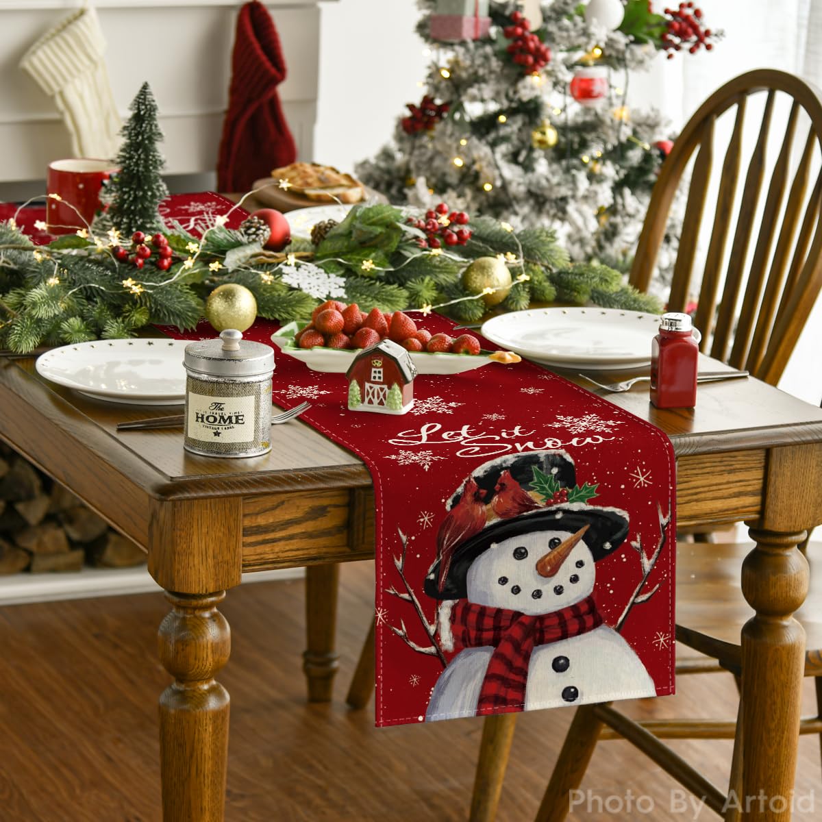 Artoid Mode Red Snowman Let It Snow Winter Table Runner, Seasonal Christmas Kitchen Dining Table Decoration for Home Party Indoor 13x72 Inch