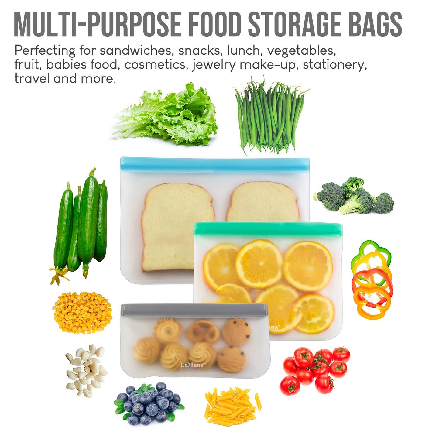 12 Pack Reusable Food Storage Bags - BPA-Free, Leakproof Food Bags - Includes 4 Gallon, 4 Sandwich, and 4 Snack Bags - Ideal Solution for Safe and Convenient Freezer Storage.