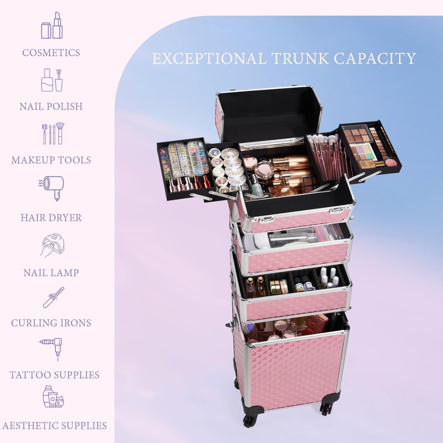 Joligrace Makeup Organiser 4-in-1 Beauty Case on Wheels Vanity Case Pink Trolley Nail Polish Organiser