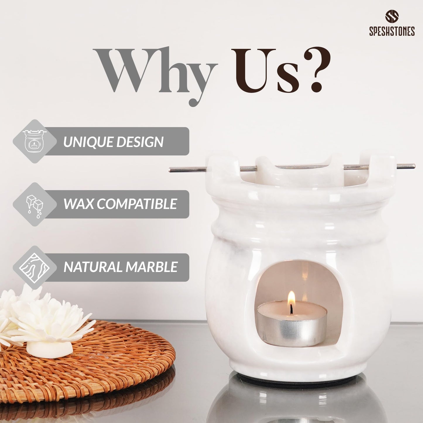 SPESHSTONES Marble Oil Burner for Scented Oil Verona 4.5 Inch White Handmade Stone Warmer for Essential Oils & Wax Melts - Aromatherapy Diffuser with 2 Tealight Candles, Elegant Wax Melt Warmer