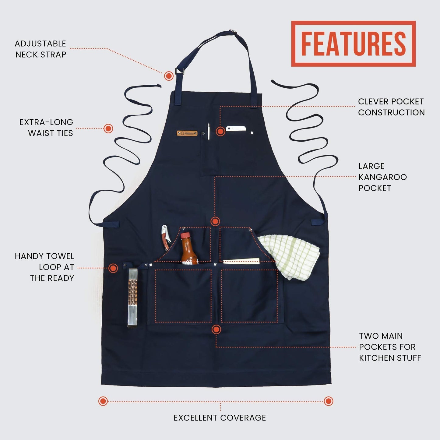 Chef Pomodoro Chef Apron for Men and Women, Kitchen Apron for Women with Pockets & Adjustable Neck Straps - Navy Blue Chef Aprons, Aprons for Cooking, 100% Cotton Cooking Aprons, Machine Washable