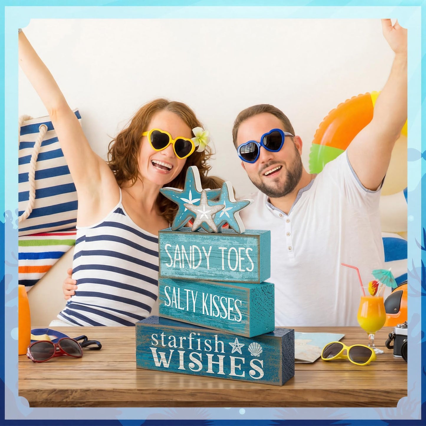 Yuntau 4 Pcs Summer Table Decorations Beach Tiered Tray Decor Starfish Coastal Rustic Wooden Block Sign Stacked Book Nautical Table Centerpiece for Farmhouse Home Living Room Office Desk Shelf Mantel