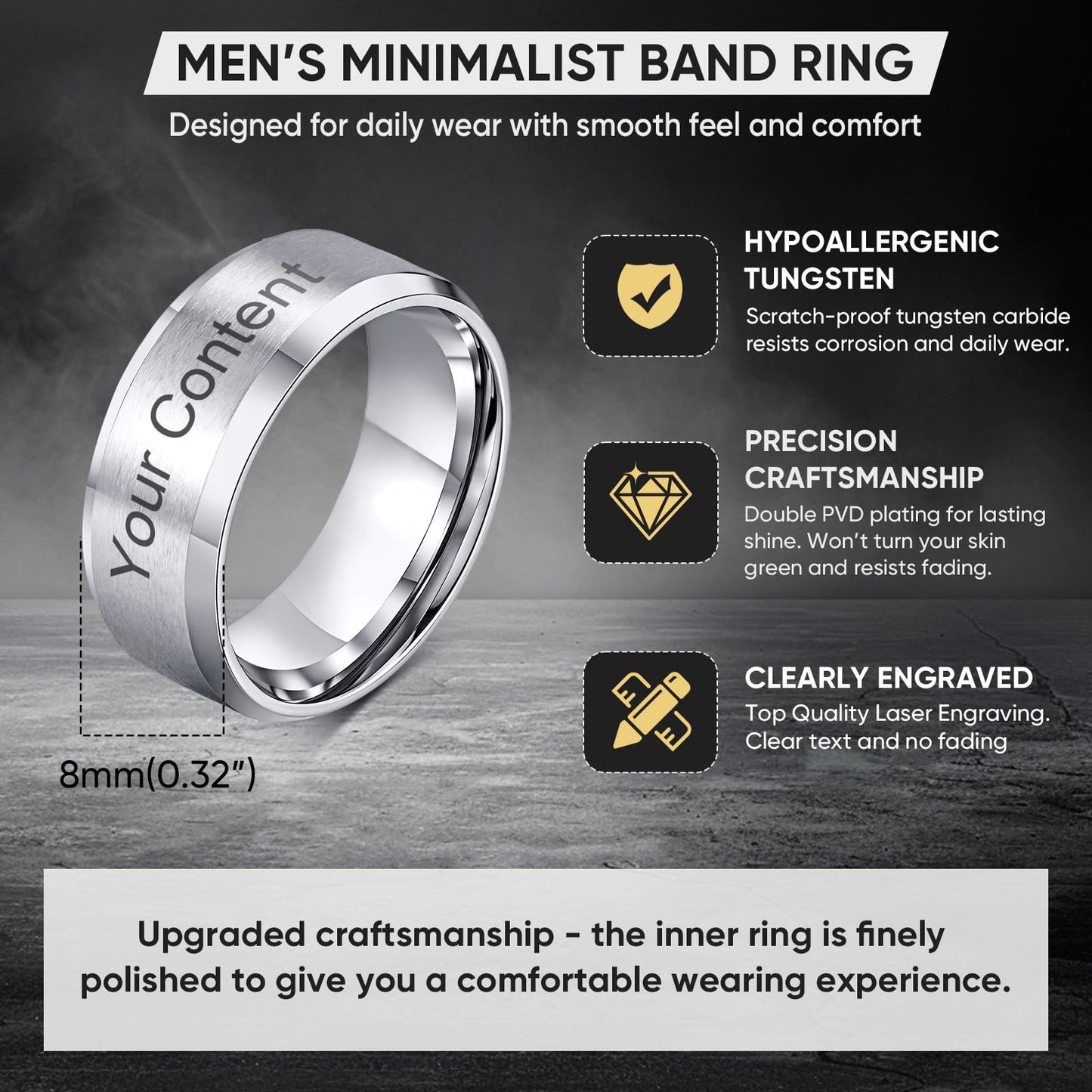VNOX Mens 8mm Brushed Matte Tungsten Carbide Classical Simple Plain Personalized Custom Name Date Wedding Band Wedding Engagement Ring,Silver,Size 7