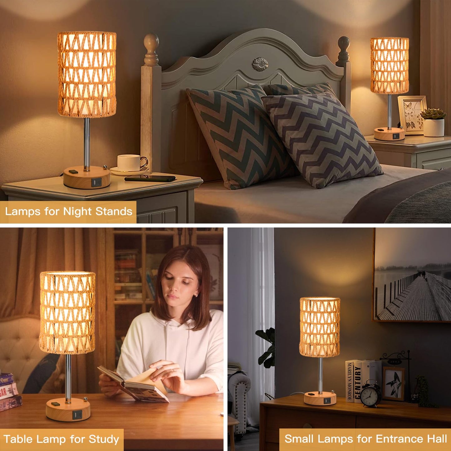 Rattan Table Lamps for Living Room, 3 Way Dimmable Touch Lamps, Small Bedside Lamps with LED Bulbs, Phone Stand, USB Ports and AC Outlet, Boho Nightstand Lamp for Bedroom Office (2 Pack Faux Wood)