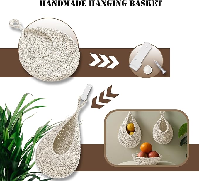 Hanging Fruit Large Basket Set of 3, Boho Wall Hanging Storage Basket