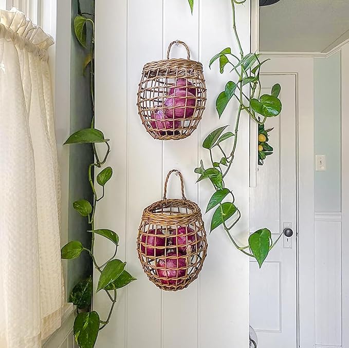 Elsjoy Set of 2 Hanging Onion Basket, Wall Mount Small Wicker Baskets