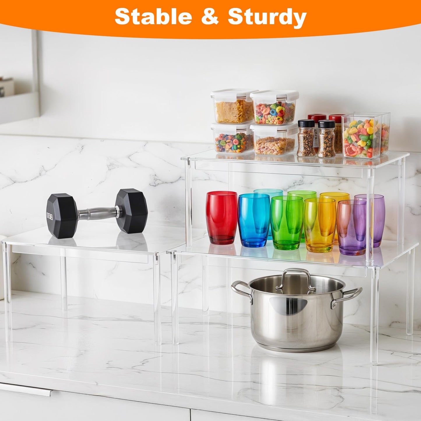 Afcabakila 4 Pcs Clear Acrylic Cabinet Organizer Shelves, Stackable Spice Rack & Shelf Riser for Kitchen Pantry, Countertop, Bathroom, Desk & Cupboard Storage, Versatile Display Organizer for Makeup