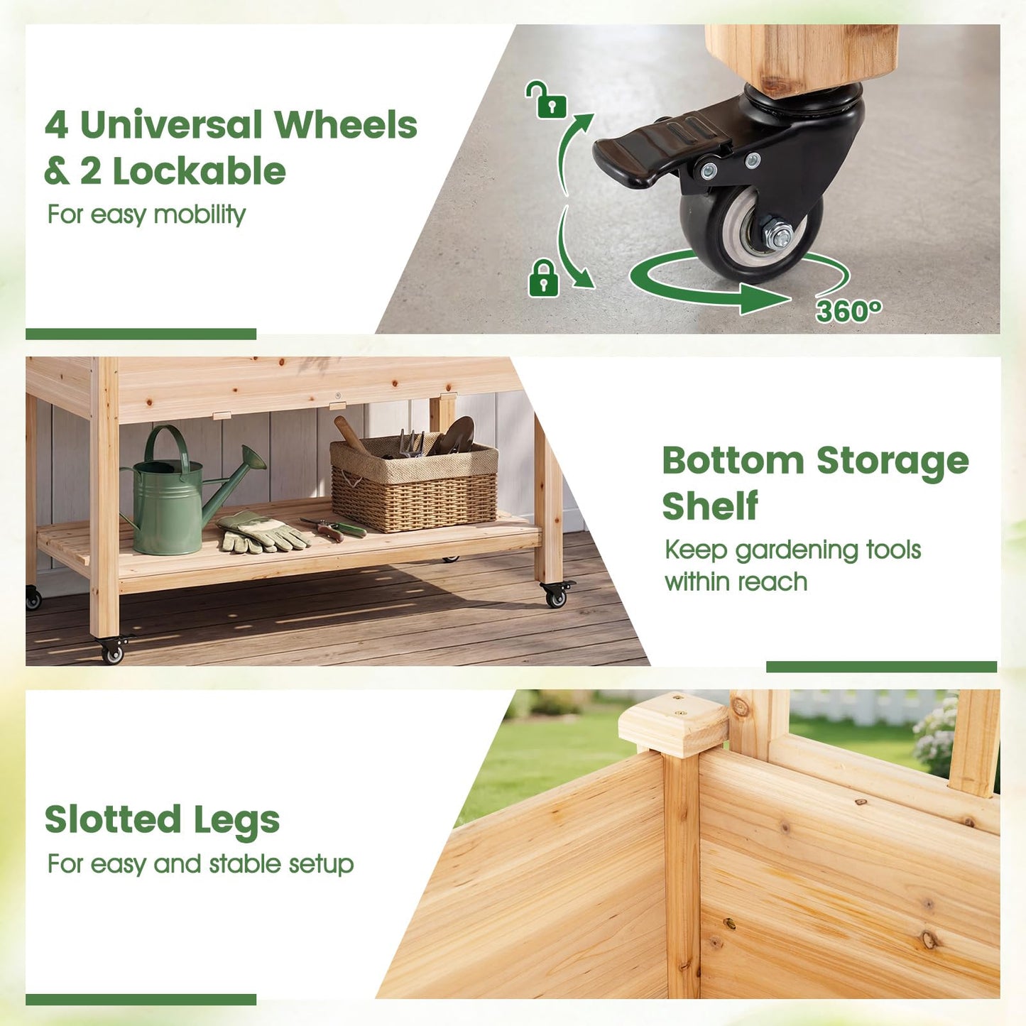 COSTWAY Wooden Raised Garden Bed with Trellis, Mobile Elevated Planter on Wheels, 285 lbs Capacity with Liner & Drainage Holes, Freestanding Outdoor Box for Climbing Plants, Vegetables, & Herbs