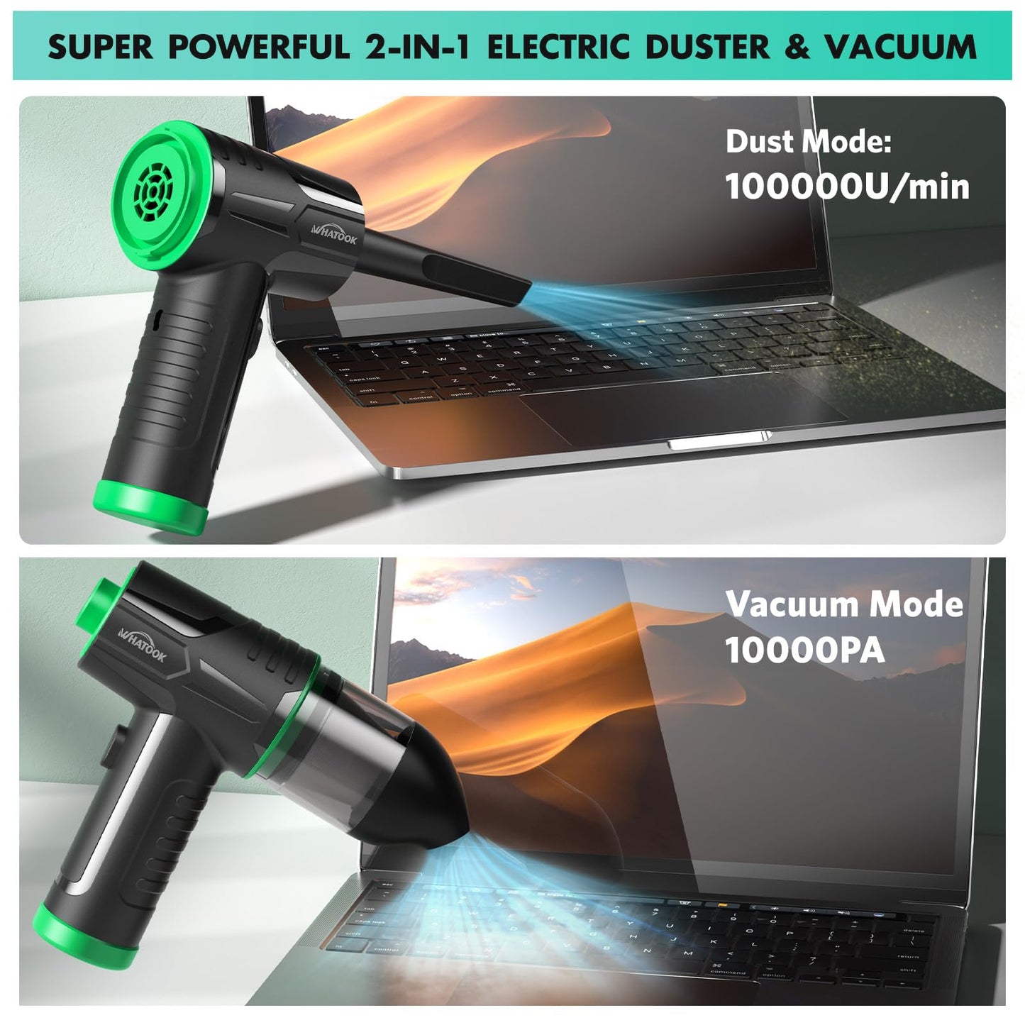 2-in-1 Computer Vacuum Cleaner,Compressed Air Duster Blower,100000 RPM & 10 Kpa Cordless Car Hoover, Portable Handheld Keyboard Cleaner Kit for PC Computer Desk Dust Cleaning,Green