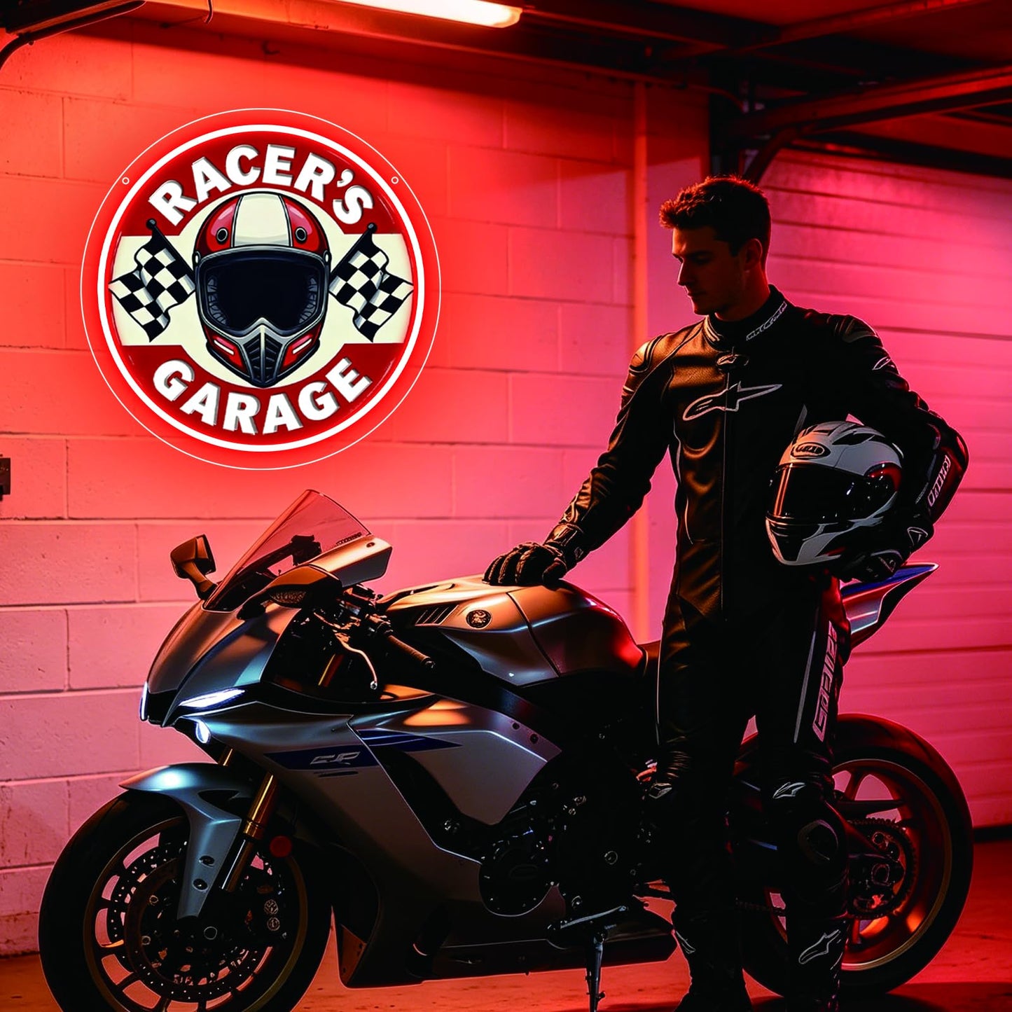 RuCvixkt Racers Garage Neon Sign, LED Motocycle Helmet Neon Light, Garage Neon Signs Man Cave Game Room Wall Decor, Neon Lamp Gift for Boys Motorcyclist Fans