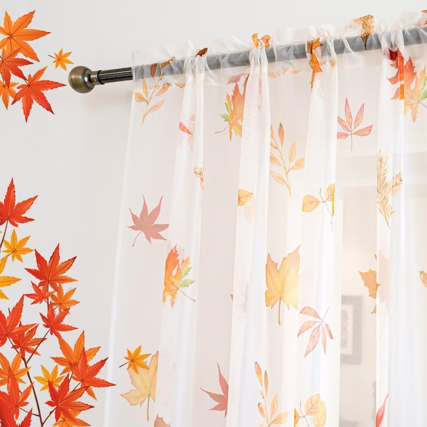 youleyar Fall Sheer Curtains for Living Room 84 Inches Long 2 Panels Orange Semi-Sheer Curtain with Maple Leaves Printed Pattern Fall Rod Pocket Voile Drapes for Bedroom, 52" W x 84" L