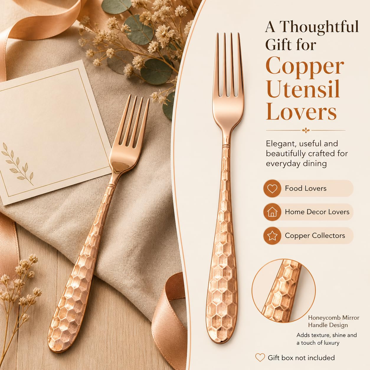 Solid Copper Honeycomb Fork, 7.28 Inch Vintage Dessert Flatware, 1 Piece