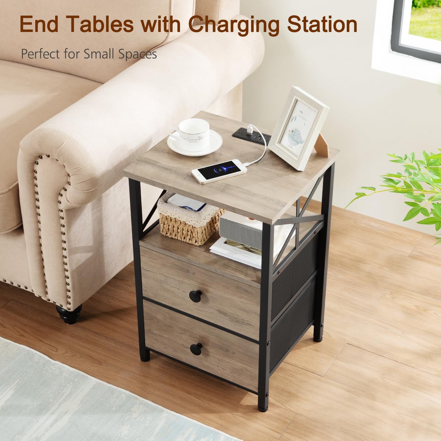 AMHANCIBLE Night Stand, Nightstand with Charging Station, End Tables Living Room with Fabric Drawer, Bedside Table with USB Ports and Outlets for Small Spaces Bedroom, Greige HET05XGY1