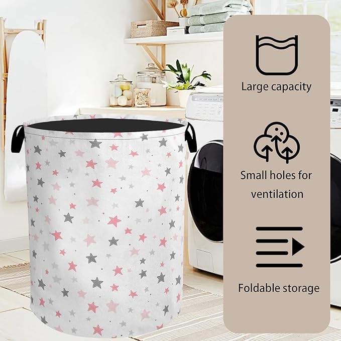 Cute Pink Stars Foldable Canvas Laundry Basket