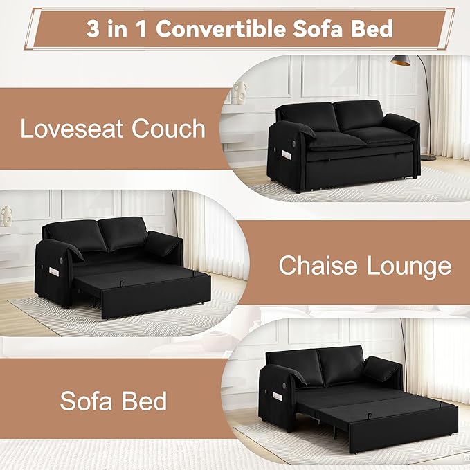 63" Velvet 3 in 1 Convertible Sleeper Sofa Bed, Pull Out Couch Bed Loveseat