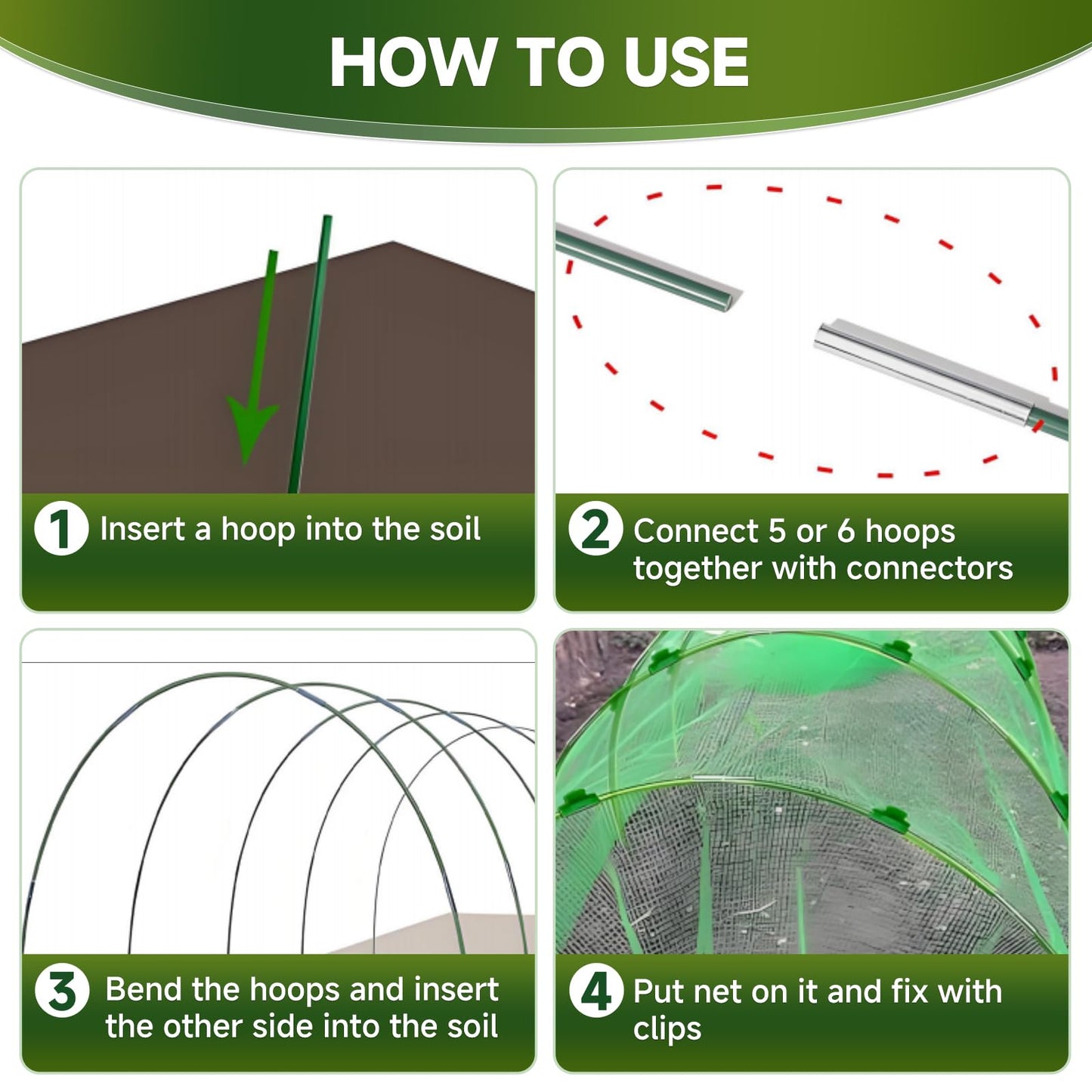 Nsitehalo 25pcs Garden Hoops for Raised Beds, Rust-Free Fiberglass Greenhouse Hoops Grow Tunnel with Clips, Support Hoop House Frame for Garden Netting & Fabric, Row Cover Plant Stakes for Vegetables