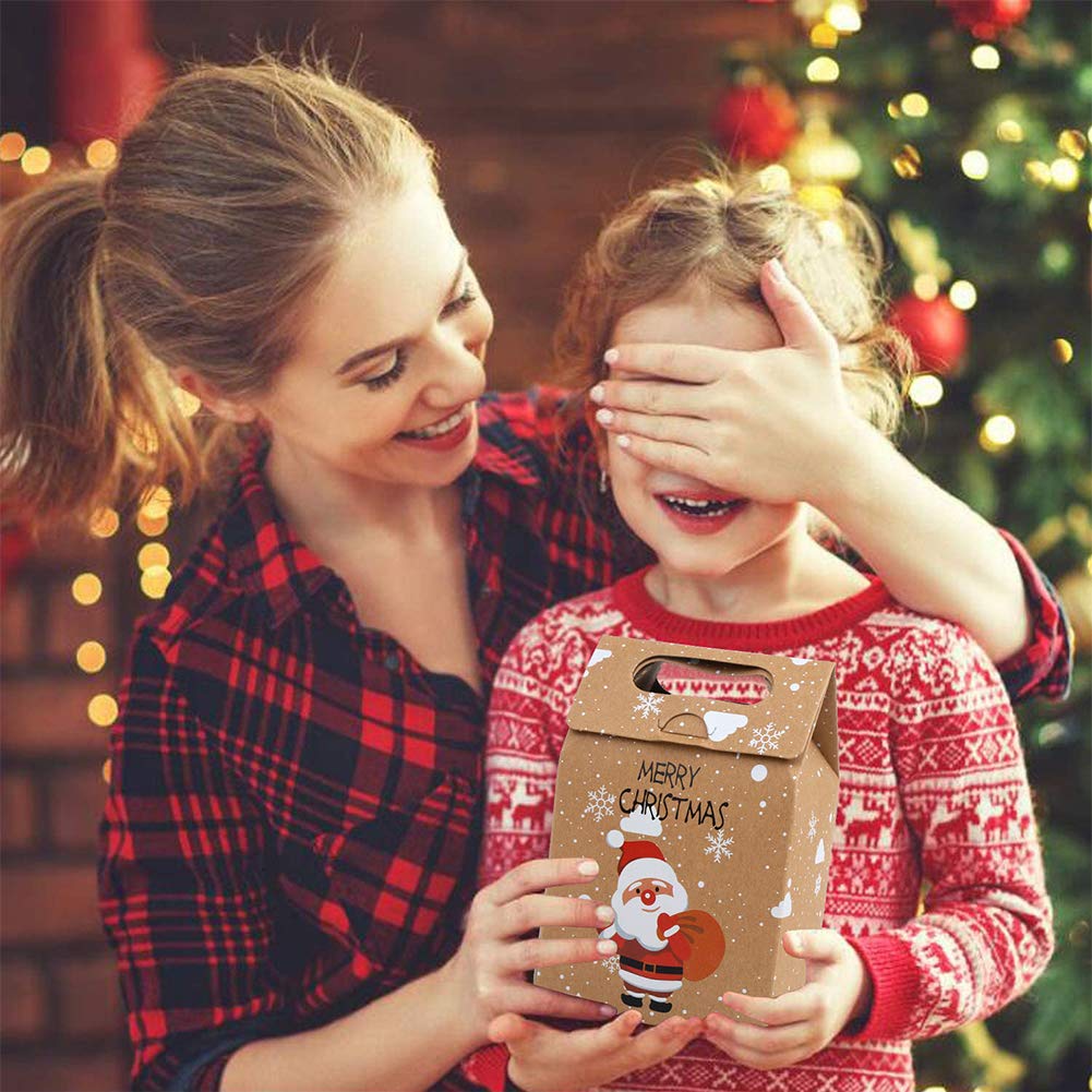 CCINEE 12 PCS Christmas Kraft Paper Bags, Santa Claus & Reindeer Xmas Gift Bags, 6.1in L x 3.9in W x 2.4in H, Perfect for Christmas, New Year, Parties & Events