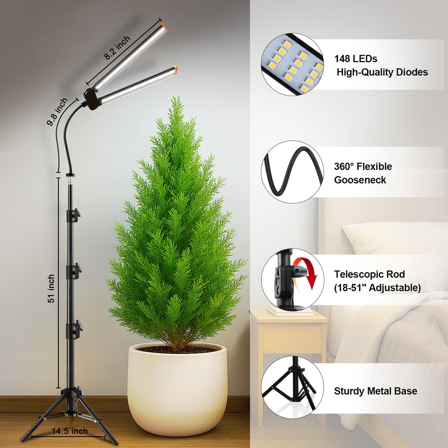YEOLEH Floor Lamp Grow Light for Large Tall Plants Indoor, 6000K White Full Spectrum Plant Growing Light with Red Blue LED, Foldable Light Strip, Dimmable & Timer Function, Height 17-62‘’ (100, Watts)