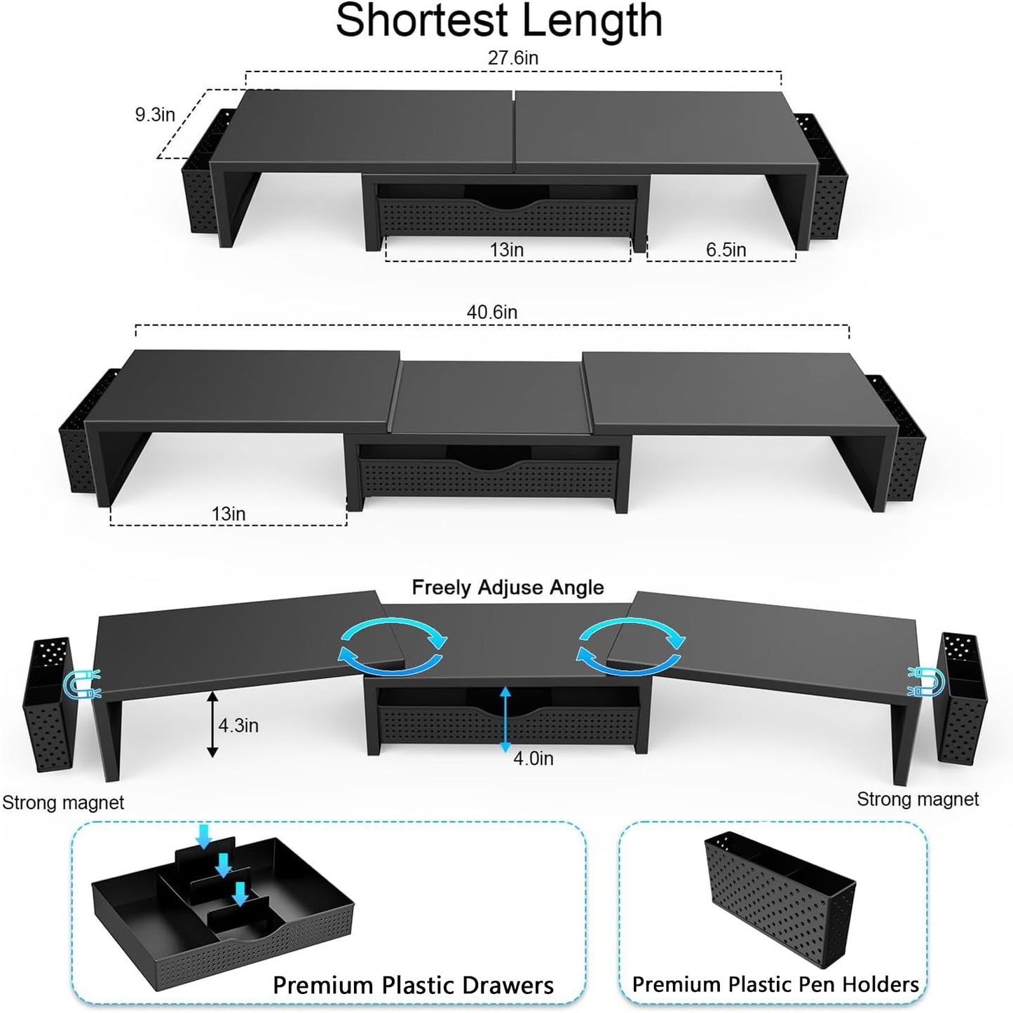 gianotter Dual Monitor Stand Riser, Desk Organizer With Drawer and 2 Pen Holders, Computer Monitor Stand, Desk Shelf for Top of Desk, Balck