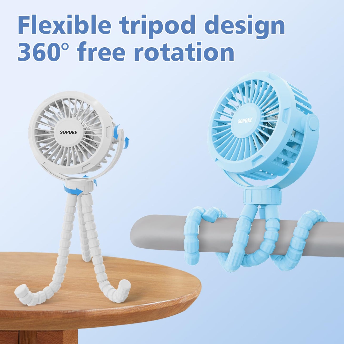 SOPOKE Mini Portable Baby Stroller Fan,3 Speed Personal Handheld Fan,Battery Operated Rechargeable 360° Flexible Tripod Cooling Fan, Suitable for Car Seat Crib Treadmill Golf Cart Travel(Yellow)