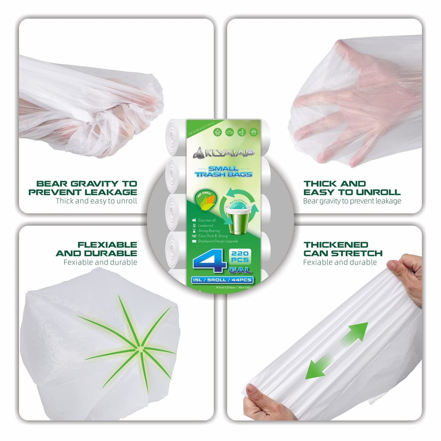 220 Counts Aklyaiap 4 Gallon Trash Bag,Tear & Leak Resistant Bathroom Biodegradable Small Garbage Can Bags Unscented for Home & Kitchen, 5Rolls, White