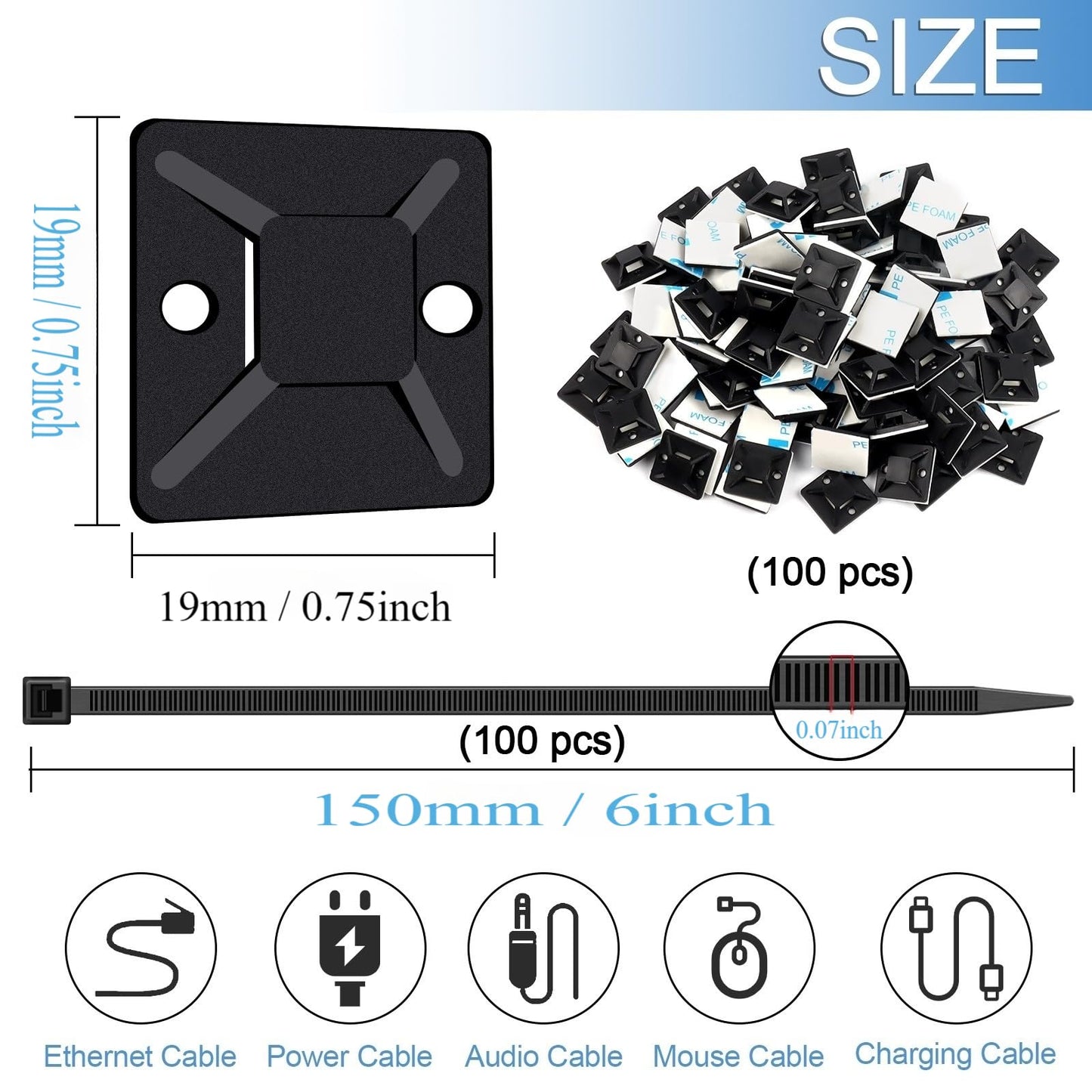Zip Tie Mounts - SeuYeugX 100PCS Cable Self Adhesive Mounts Set for Wire Management with Stick Pads Anchors Clips Squares Holders (Black)