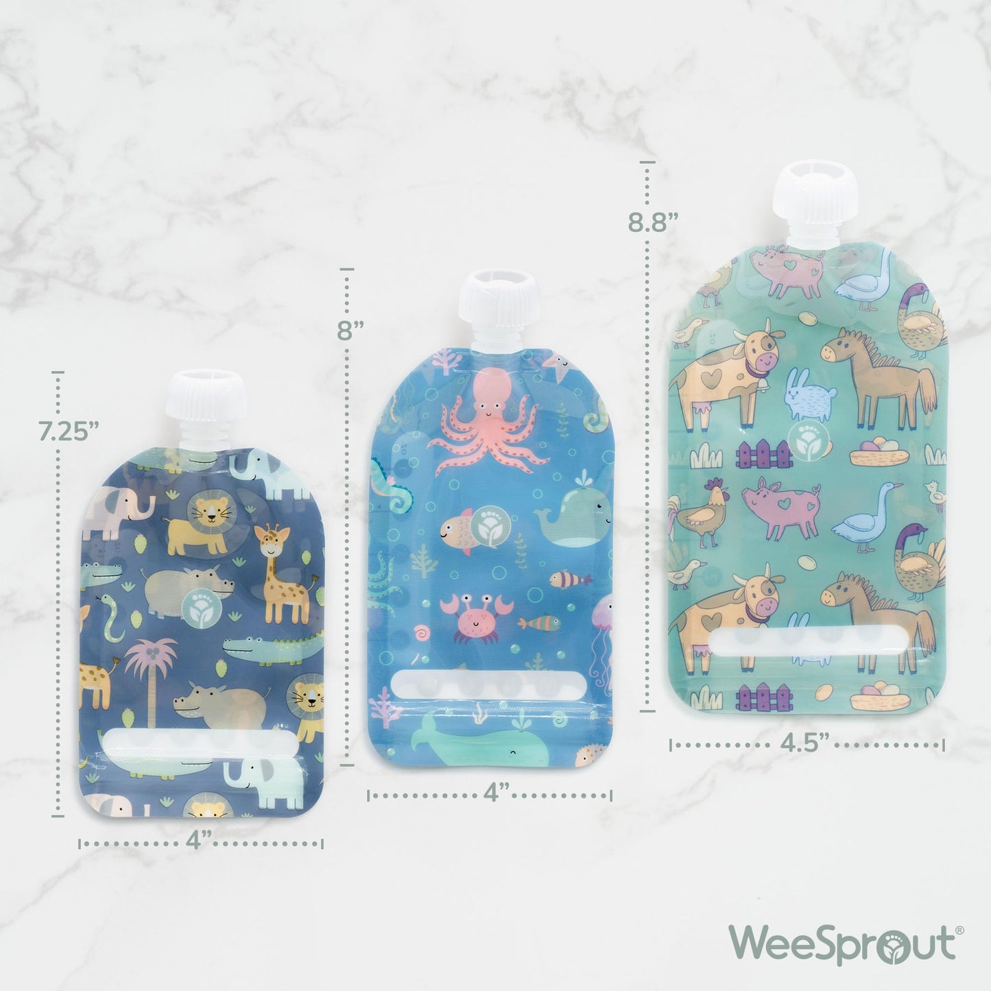 WeeSprout Double Zipper Reusable Food Pouches, Perfect for Babies & Toddlers, Freezer & Dishwasher Safe (Animals, 6 Piece Assortment)