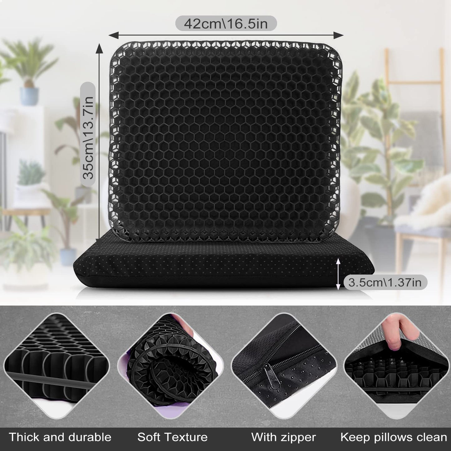 Gel Seat Cushion, Double Thick Breathable Seat Cushion Cool Gel Cushion Honeycomb Design,Breathable Lumbar Cushion With Non-Slip,Pressure Pain relief Gel Cushion For Home Office Chair Car Wheelchair