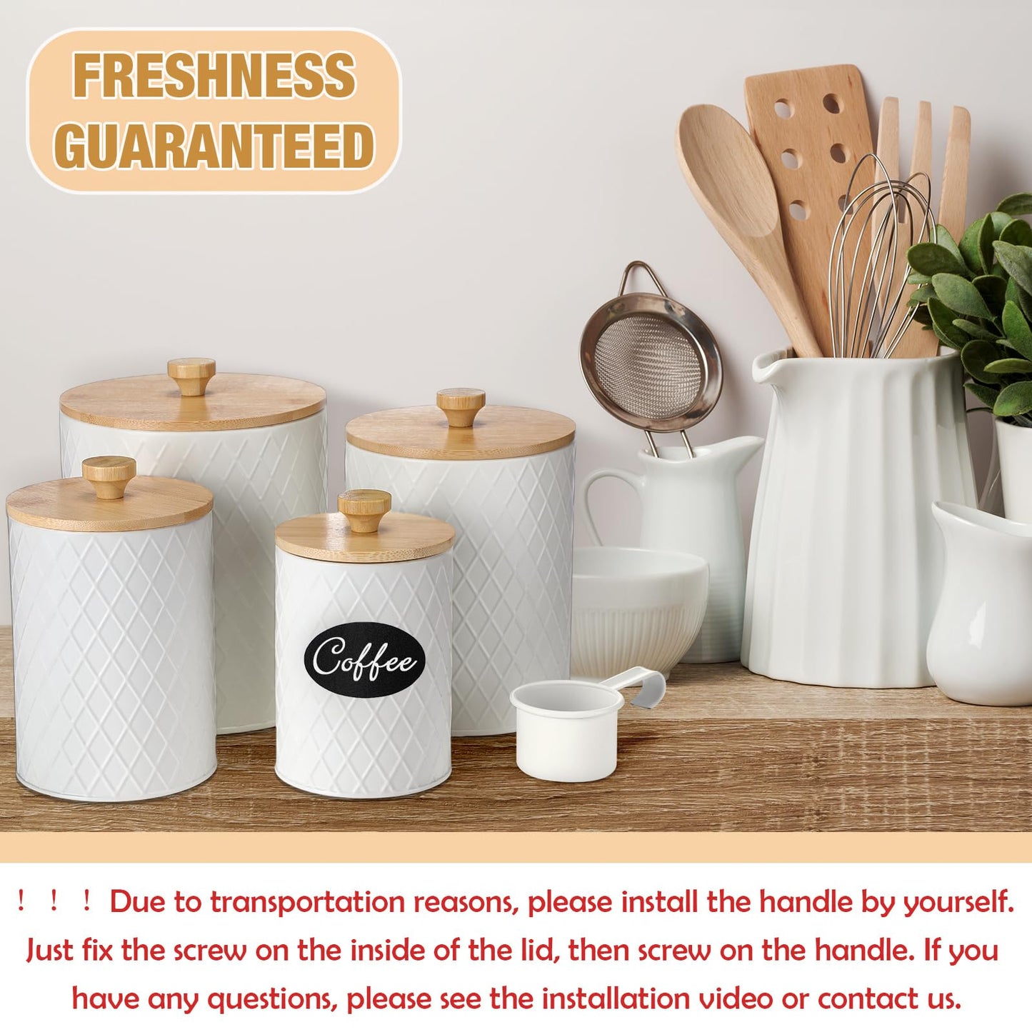 Teenyyou Metal Kitchen Canisters Set with Bamboo Lids and Spoon Airtight High Capacity Coffee Tea Sugar Flour Jars with DIY Labels Farmhouse Extra Large Storage Containers for Kitchen(4 Set,4 Sizes)