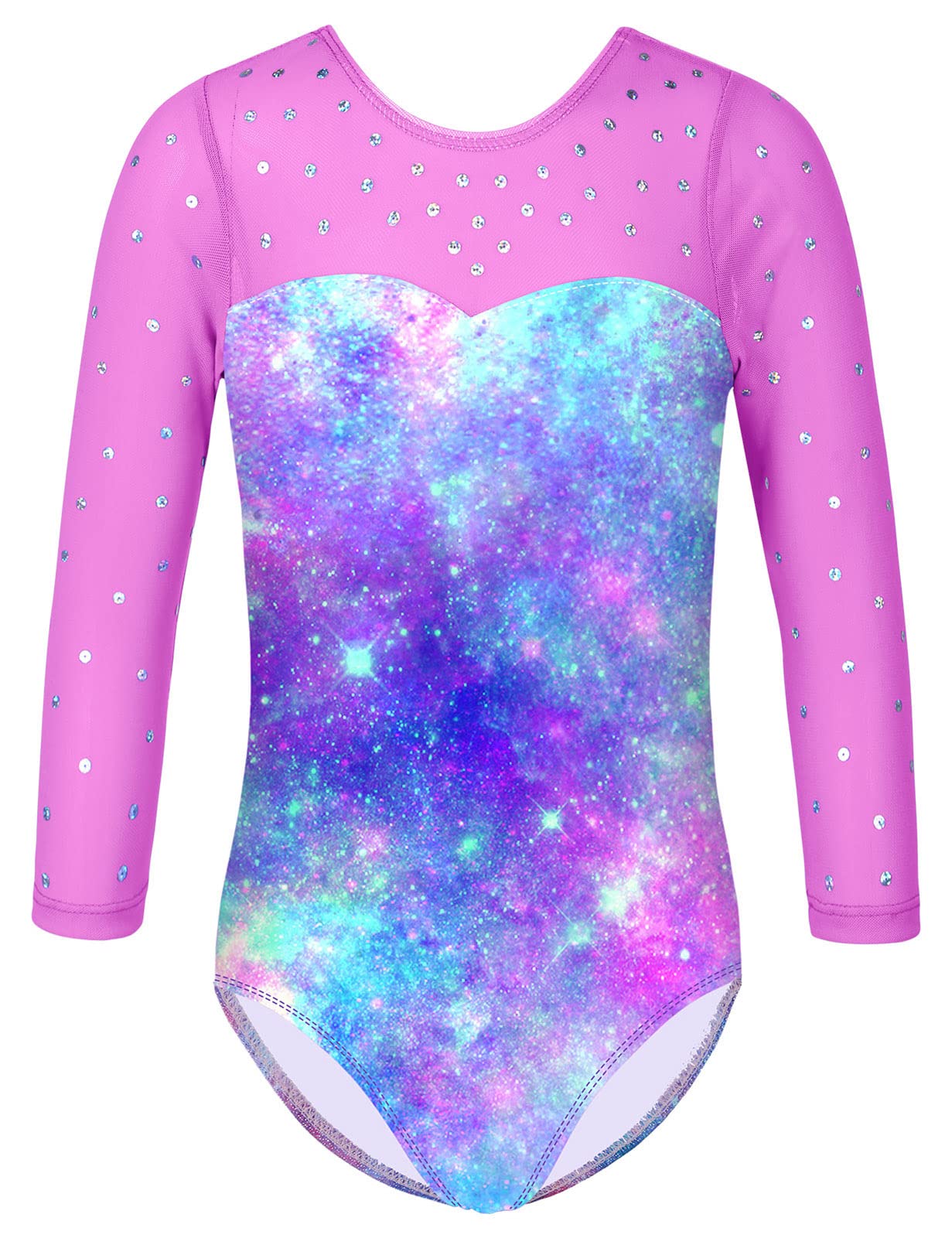 TFJH E Gymnastics Leotards for Girls Ballet Dancewear 3/4 Mesh Sleeve Practice Outfits 3t 4t Purple Galaxy 4A