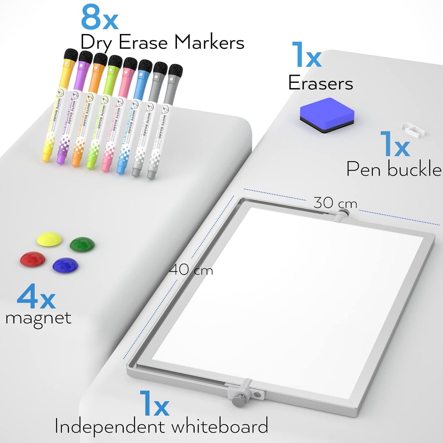 Nicpro Dry Erase Mini Whiteboard A3, 40 x 30 cm Double Sided Small Magnetic Desktop White Board with Stand, 8 Pens, 1 Eraser,4 Magnet, Portable Board Easel for Kids Students School Supplies Office