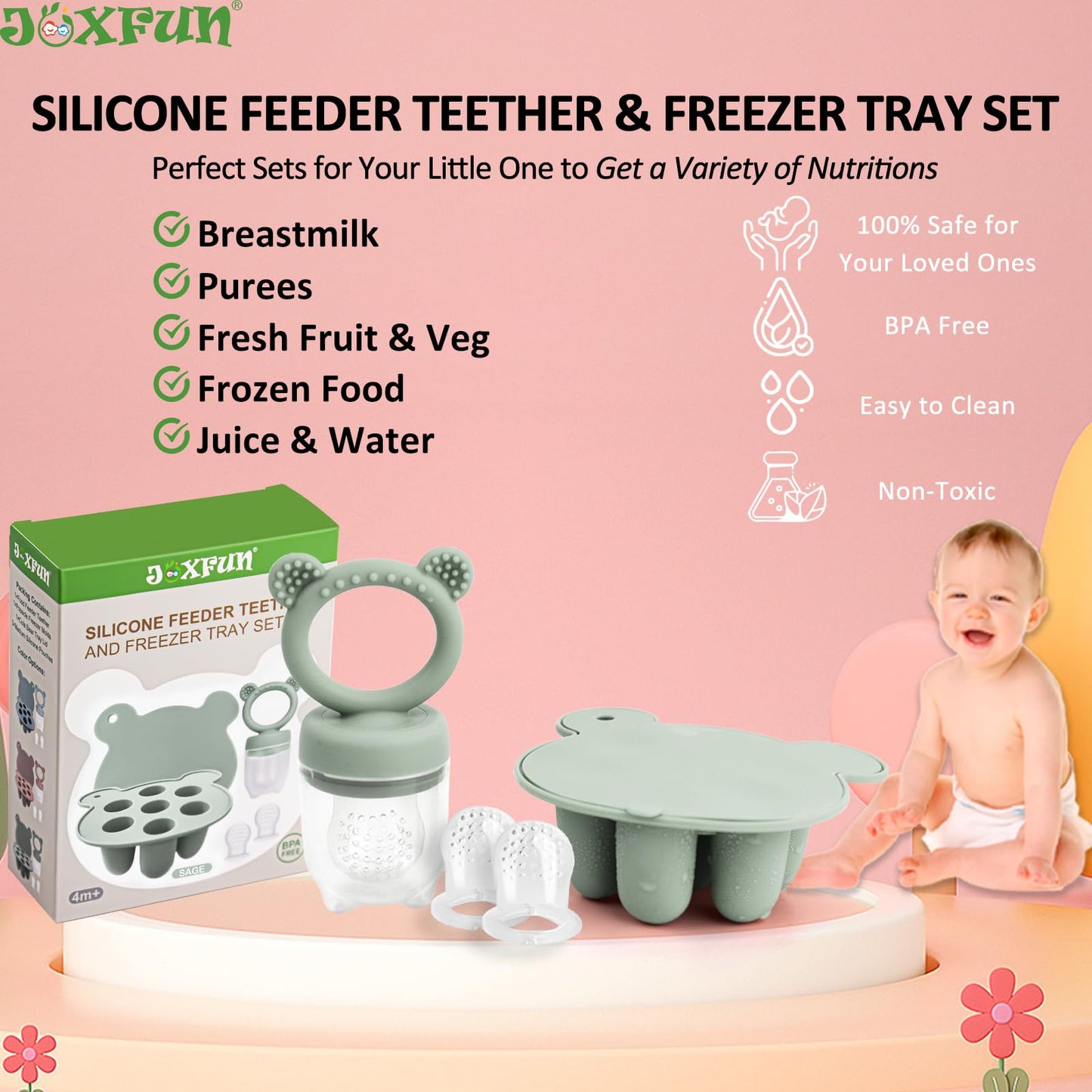 Silicone Baby Fruit Food Feeder & Mini Freezer Nibble Tray, Breastmilk Popsicle Molds for Baby Teething Relief, BPA Free Silicone Teething Toys Feeder for Safe Infant Self Feeding, Extra Food Pouches