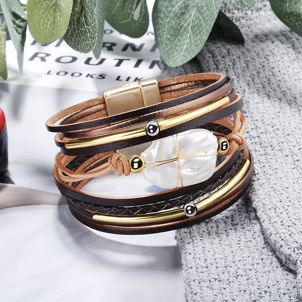 Fesciory Leopard Bracelet for Women, Boho Leather Wrap Multi-Layer Pearl Crystal Bracelet Bangle Jewelry(Brown Leather(Pearl))