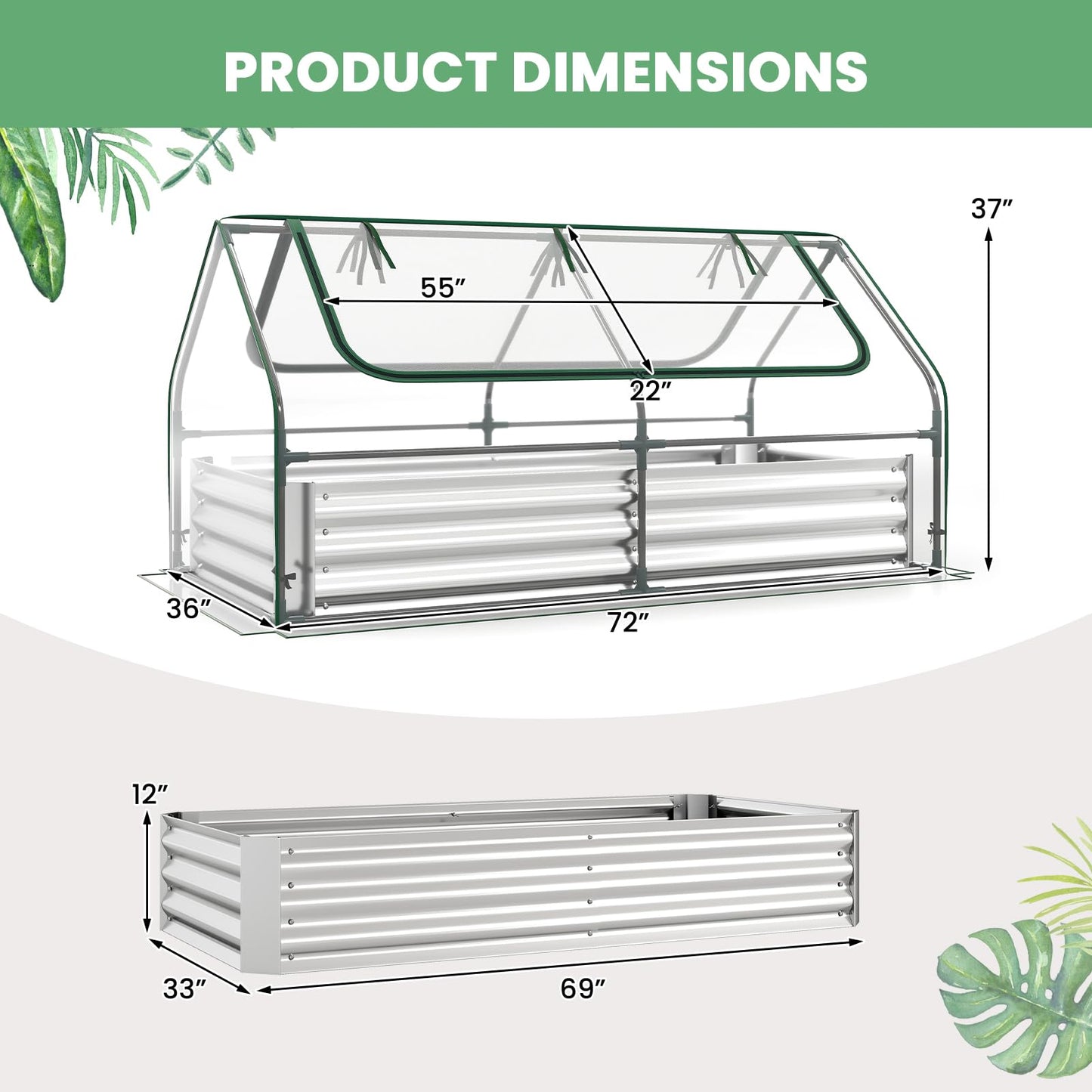 Happygrill Raised Garden Bed with Cover, Galvanized Planter Boxes Outdoor w/Mini Greenhouse, 2 Roll-up Windows & Open-Ended Base, Metal Growing Raised Bed for Vegetables (Silver, 72” x 36” x 37”)