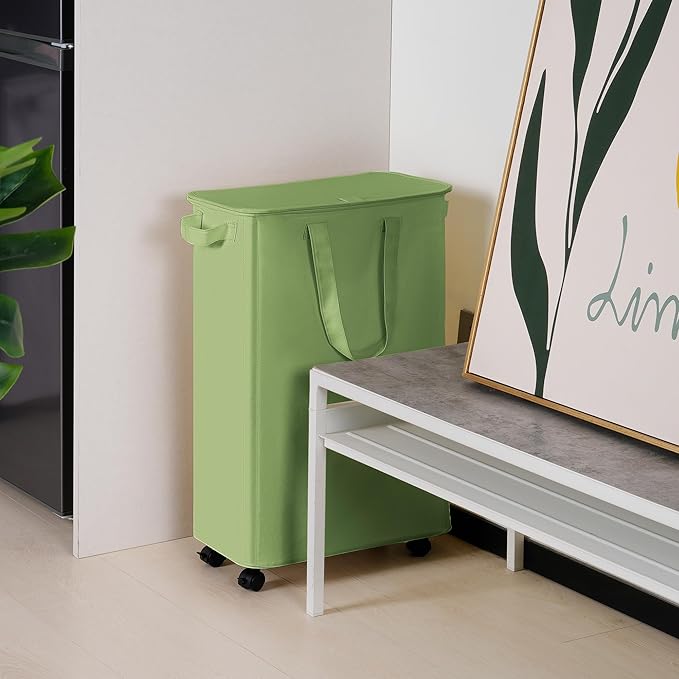 Slim Laundry Hamper with Lid and Wheels, Small Rolling Laundry Basket with