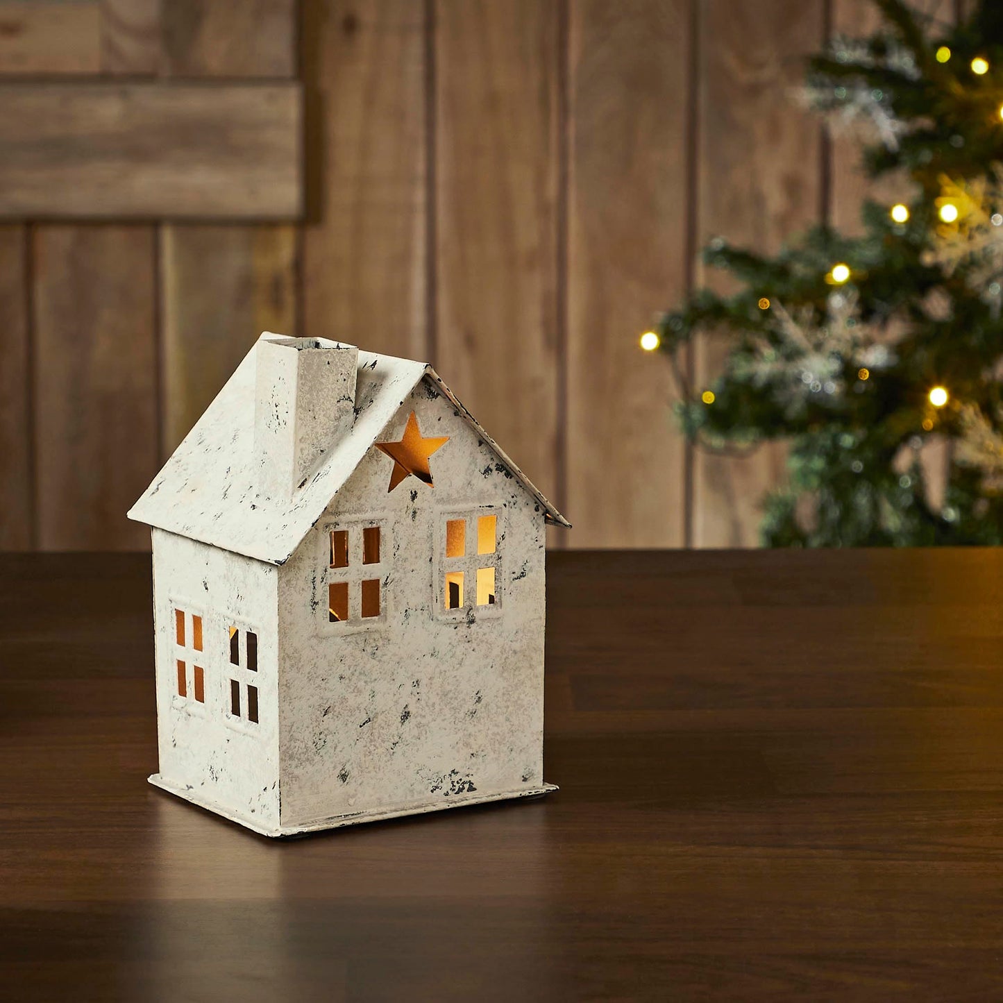 Tealight Holder Metal Village House D Antique Cream 6.75x4.75x4.5