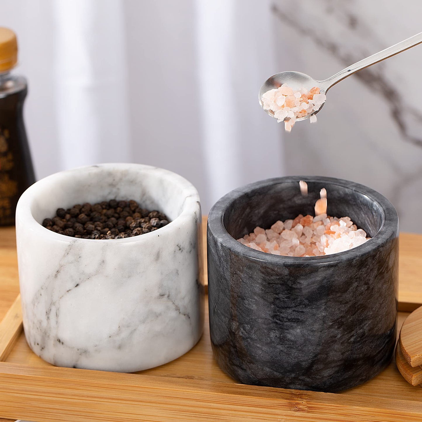 NHKRTE 15 Ounce Marble Salt Shaker with Lid and Spoon, white