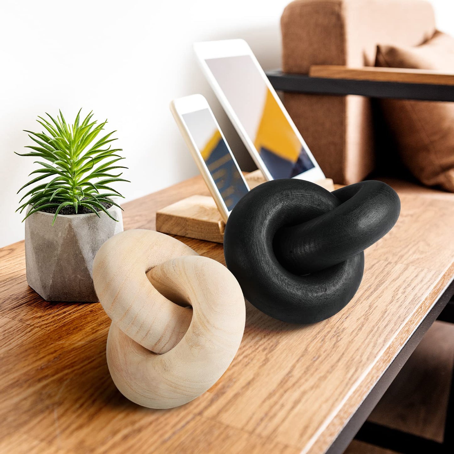 POPRHINO Wood Chain Decor, 2-Link Decorative Chain Hand Carved Boho Wood Knot Decor for Bookshelf Desk Living Room Coffee Table Farmhouse Decorative Ornament (Natural)