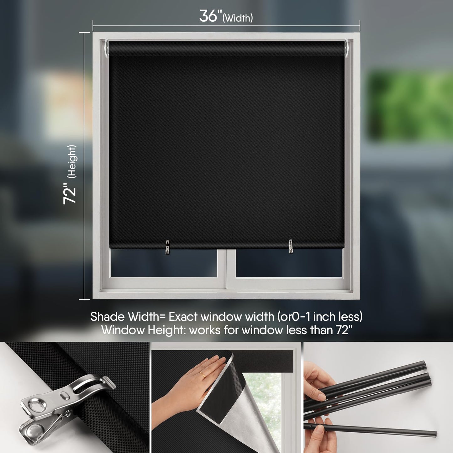 2Pack Blackout Roller Window Shades, Cordless Roller Shades, No Tools No Drill Pull Down Room Darkening Window Shades, Blackout Blinds for Bedroom Windows Home and Office (36''W x 72''H, Black)
