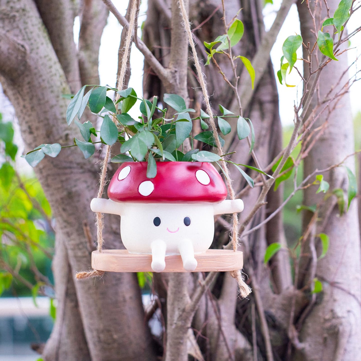 2pcs Mushroom Smily Swing Face Planter Pot, Cute Hanging Resin Flower Head Planter for Indoor Outdoor Plants,Gift IdeaI for Mother,Father and Appreciation Christmas with Drainage Hole (Red&Yellow)