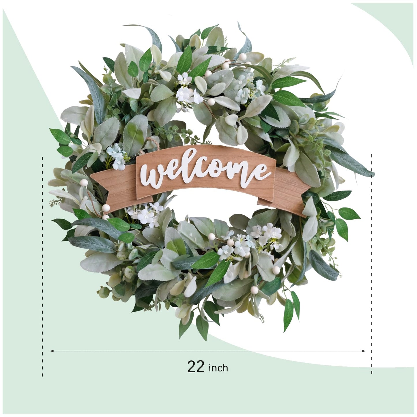 22 Inch Spring Everyday Lamb Ears Leaves Wreath with White Wild Flowers and Berries for Front Door, Welcome Wood Sign Green Leaves Wreath for Indoor Outdoor, Everyday Leaves Home Decor