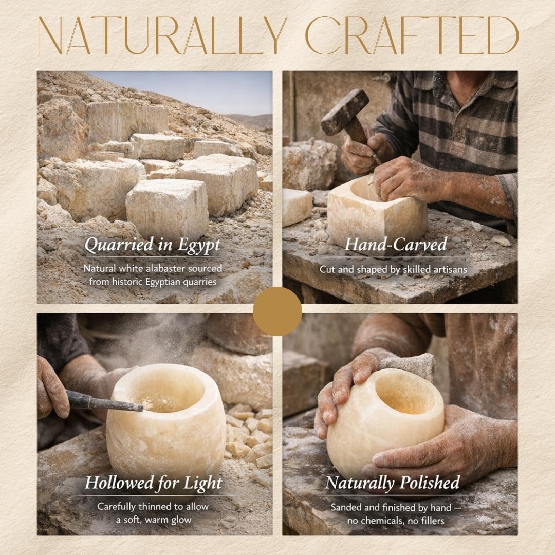 CraftsOfEgypt Single Alabaster Candle Holder - Egyptian Tealight and Votive Candles Holders with Amber Glow for Home Décor Natural Stone Soothing Tranquil Aurora