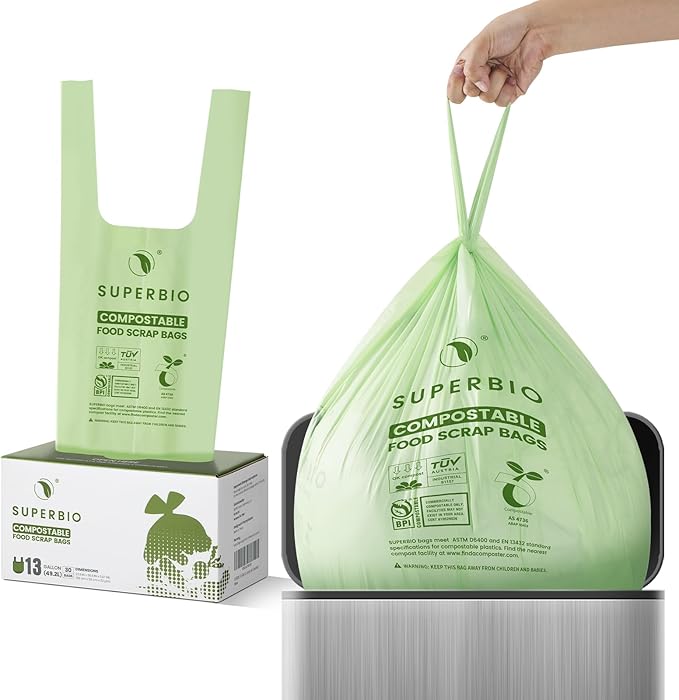 SUPERBIO 13 Gallon Handle Tie Compostable Food Waste Bags, 2 Pack, ASTM D6400