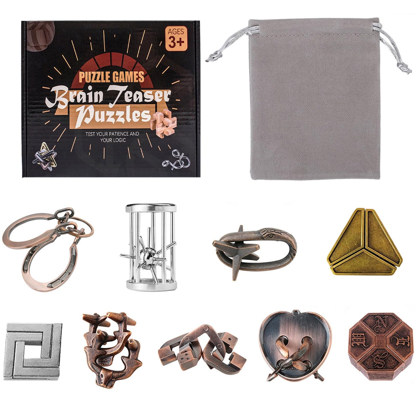 Holzsammlung 9pcs Brain Teaser Metal Puzzles, Mind Puzzles IQ Challenge Puzzle Games, IQ Test Toy Puzzle Gift Set for Adults Teens Men Women, Birthday Present Cracker Christmas Stocking Filler