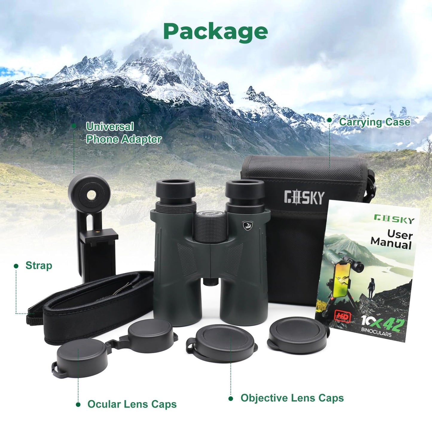 Gosky 10X42 HD Binoculars for Adults with Phone Adapter, High Power Binoculars with BAK4 Prism and FMC Lens, Waterproof Binocular for Bird Watching Hunting Traveling Outdoor Sports