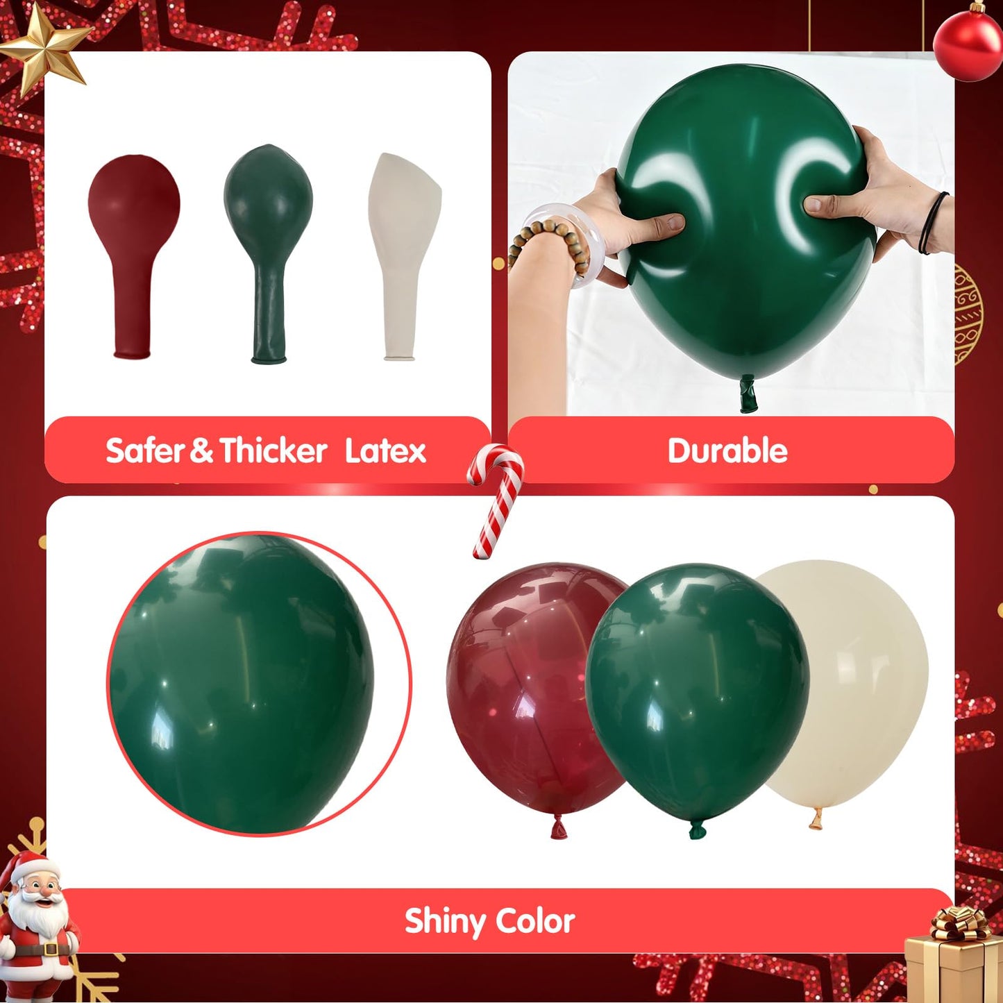 Retro Christmas Decorations Balloon Arch, Ruby Red Green White Balloon Garland with Bell Deer Print Metallic Bronze Gold Balloons Deer Foil Mylar Balloons for Xmas New Year Winter Festive Party Decor