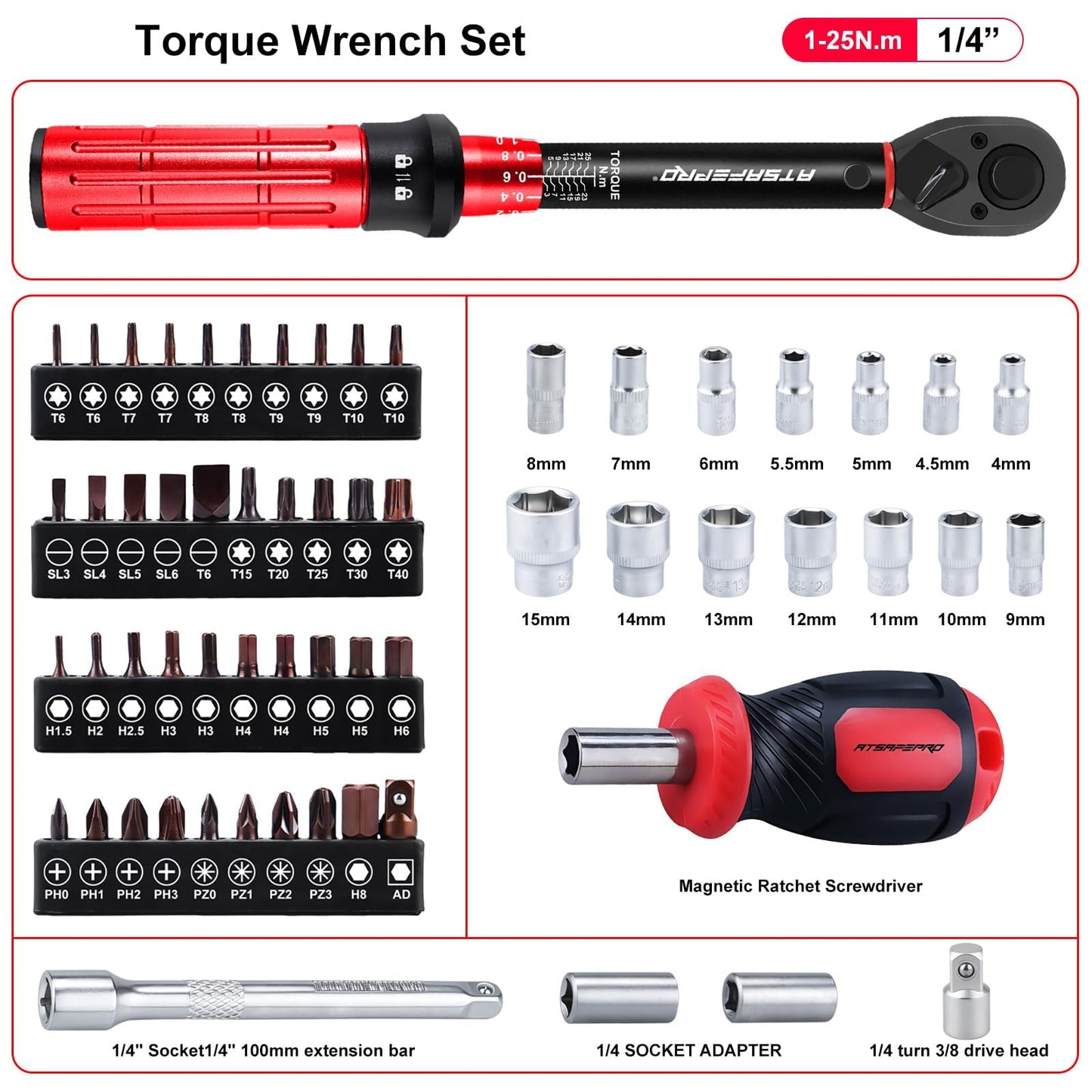 ATsafepro Bike Torque Wrench Set 1/4 Inch,3-25Nm, 61 Piece Magnetic Ratchet Screwdriver Set,Small Torque Wrench with Bits and Extension Rod for Bicycle Maintenance, DIY