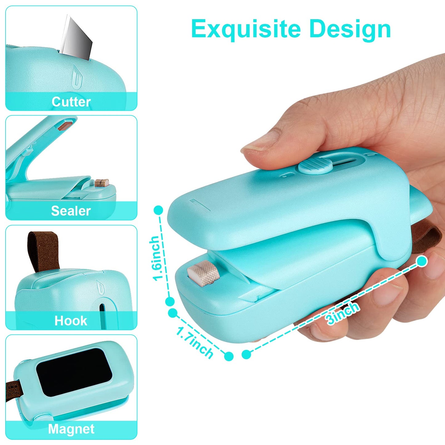 Mini Bag Sealer, Kenossion Chip Bag Sealer - Bag Sealer Heat Seal with Cutter & Magnet, Portable Mini Sealing Machine to Reseal Plastic Bags & Keep Snacks Fresh (2xAA Batteries Included), green